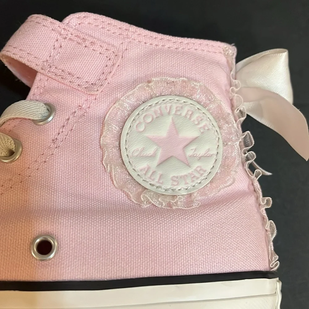 Converse pink girly shoes frilly coquette lace pretty bows back to school cool